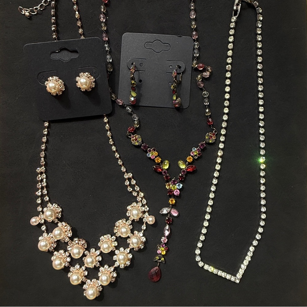 Two Necklaces and Earrings Set and one Vintage Retro Rhinestone V-Neck Necklace